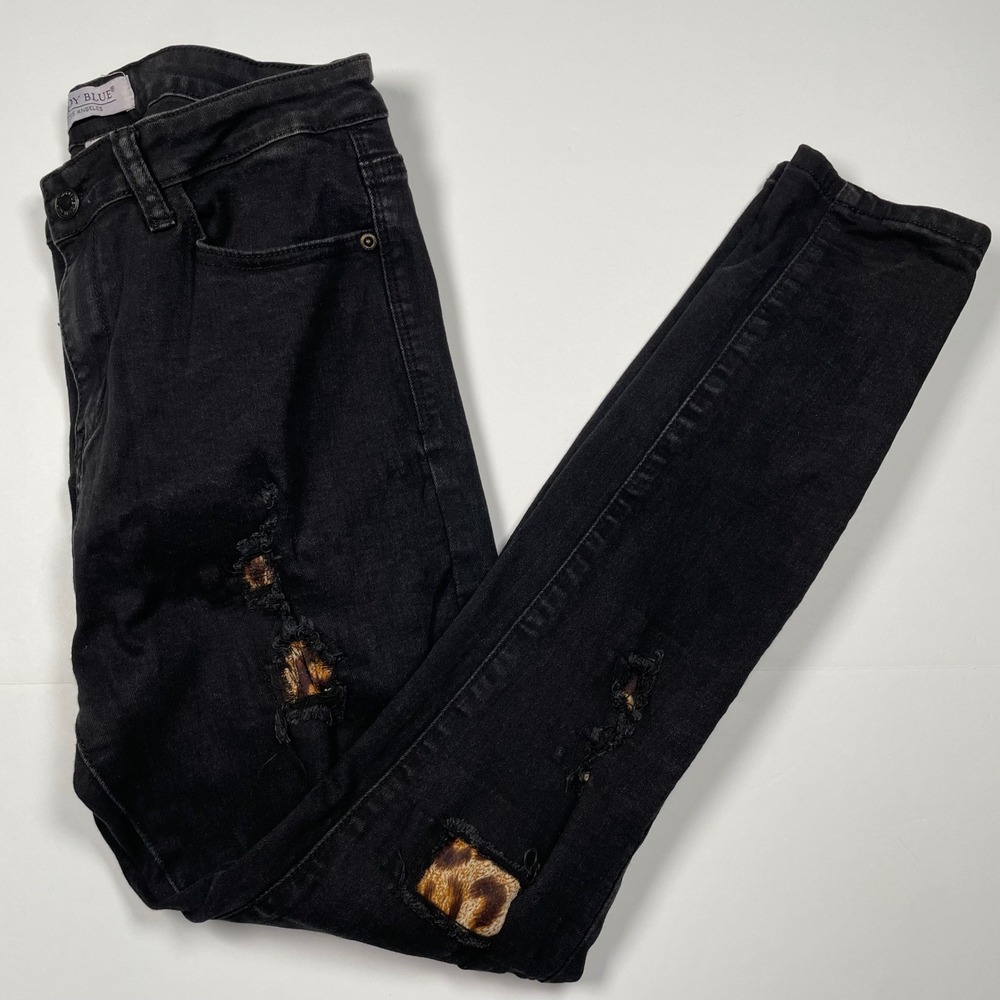 Judy Blue Black Leopard Patch Distressed Skinny Jeans JB-8550 Womens 13/31‎